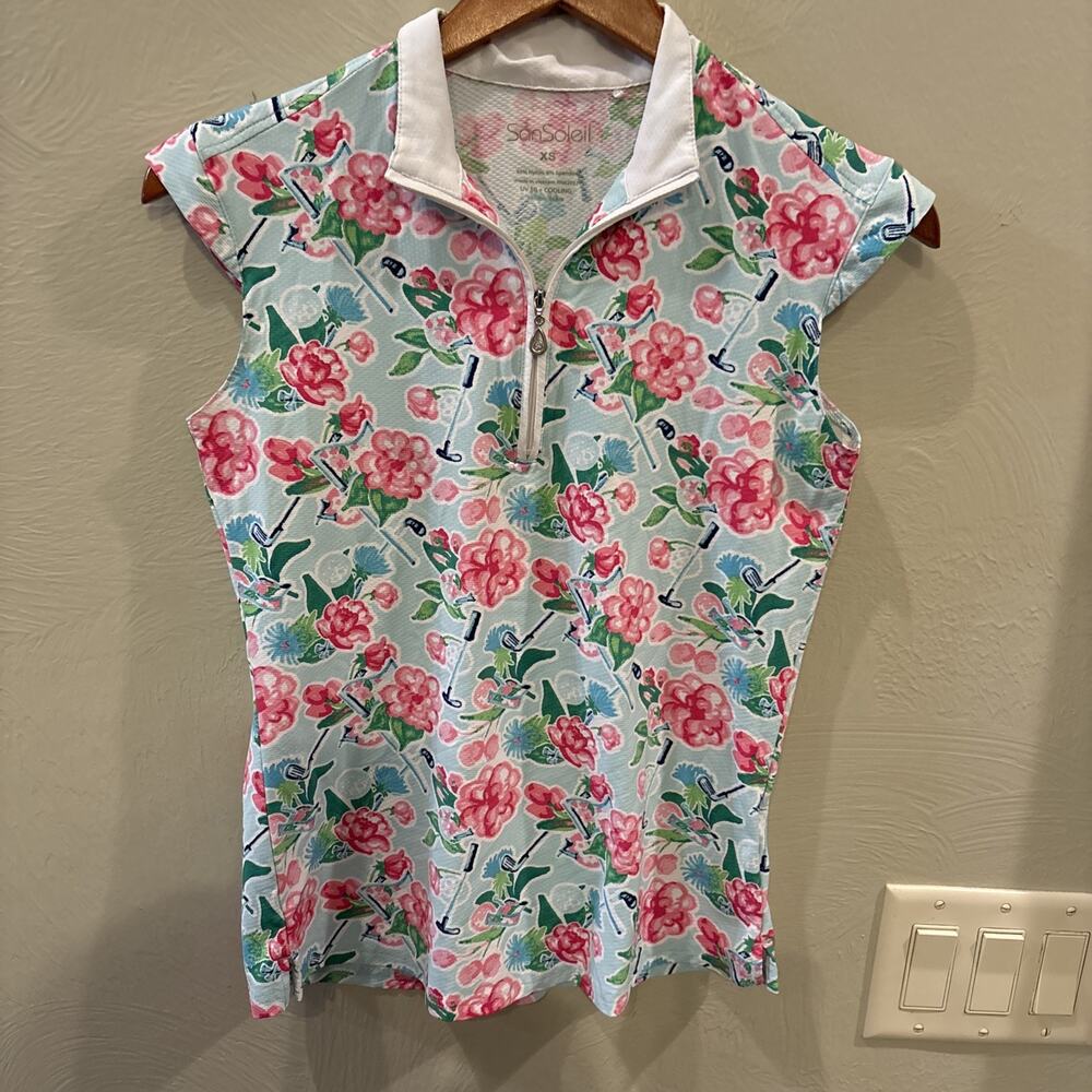 San Soleil Top Womens Extra Small Blue Pink Tennis 1/4 Zip UV 50 Sleeveless NWOT